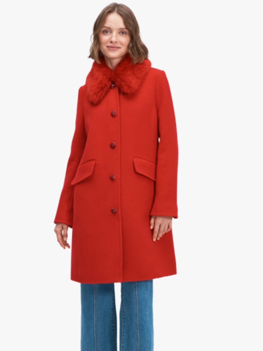 Kate Spade Metallic Twill,Faux Fur Collar, Jewel-Button, Coat NWT Size 4